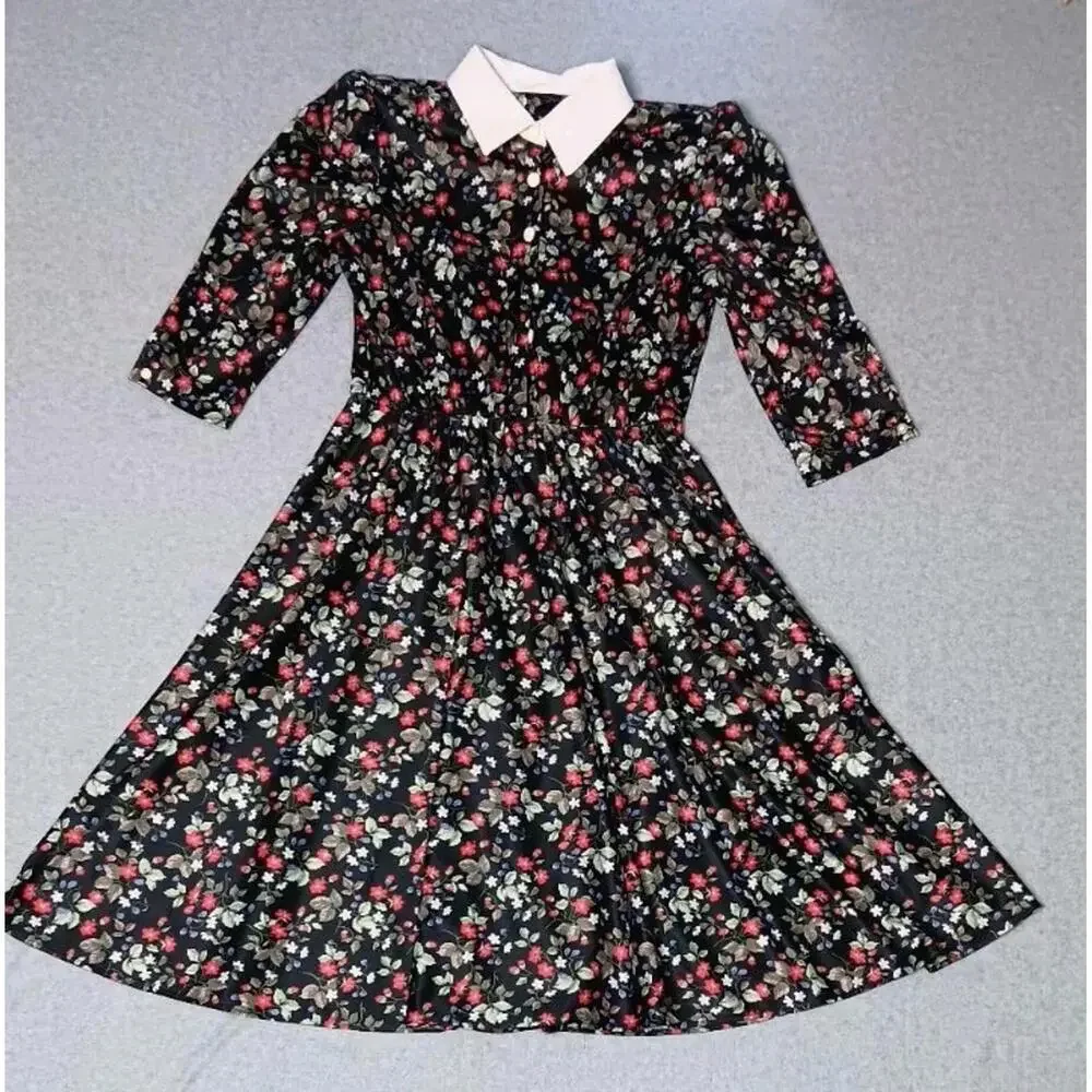 Homemade Grandmacore 3/4 Sleeve Midi Dress Womens Size Small Black Flowers... - Picture 1 of 10